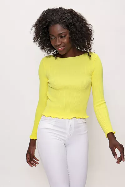 Kadın Bisiklet Yaka Fırfırlı Ince Triko Kazak Sarı 