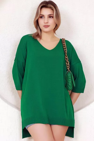 V-hals Halfkwartsmouw Achter Lang, Voorkant Kort, Met Split, Losvallend Basis Seizoensgebonden Trui