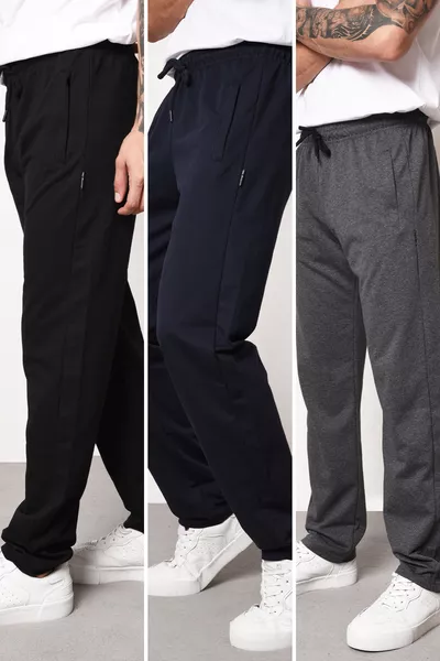 Pacco di 3 pantaloni della tuta da uomo, taglio comodo, gamba dritta con tasche e zip, colori nero-blu scuro-antracite