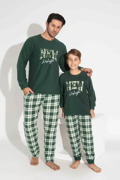 Men's Khaki Plaid and Checkered Long-Sleeve Father-Son Fleece Fabric Winter Warm Pajama Set