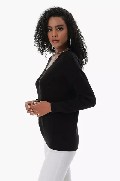 Женский черный трикотажный свитер с V-образным вырезом, вязаный из хлопка, модель Selanik 