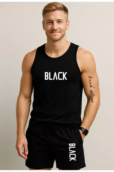 2-delig Heren Bermuda Shorts en Tanktop met Zak - Zwarte Bedrukte Sport Shorts en Tanktop