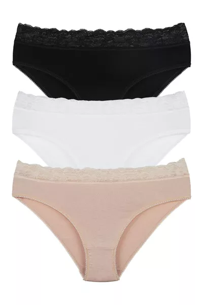 Set da 3 Slip da Donna in Tessuto di Bambù con Pizzo in Vita 