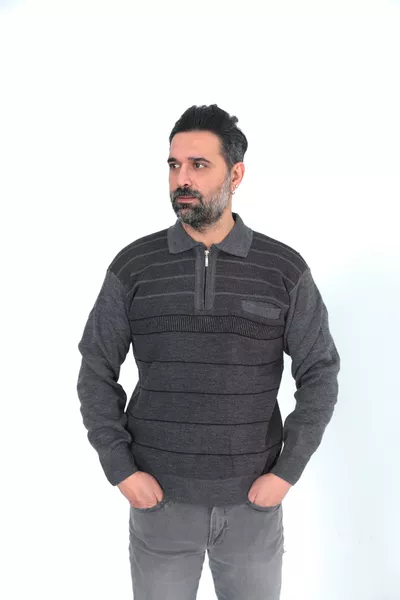 سترة رجالية صوفية شتوية سميكة برقبة قميص وخطوط من خيوط الأكريليك مع جيب واحد