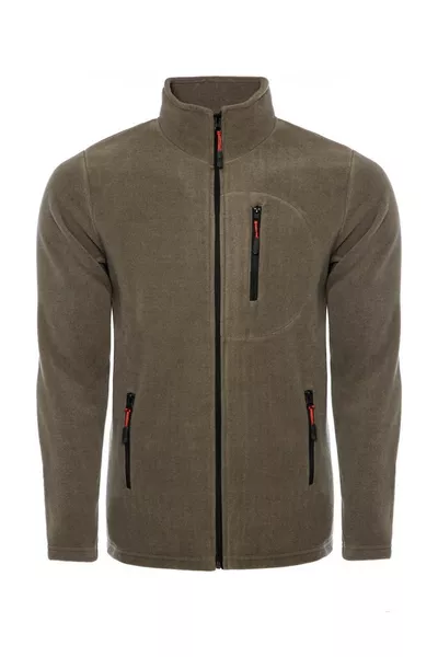 Pile da uomo colore verde militare con 3 tasche, zip, collo a barca, pile da esterno