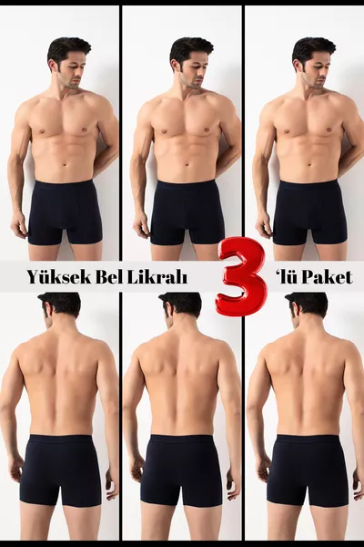 3'lü Paket Erkek Yüksek Bel Likralı Boxer 