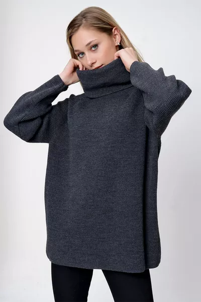 Maglione lungo da donna in maglia stilata con scollo a V, colore antracite 