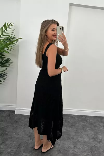 Black skirt Asymmetrical cut openwork perforated knitwear long skirt flared skirt long skirt Midi skirt with inner lining