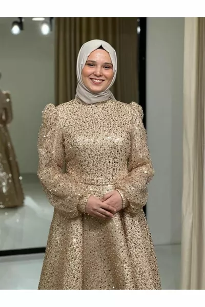 Gold Stars Women's Hijab Sequin Sequin Midi Length Engagement Evening Dress 