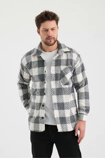 Heren Slim Fit Single Pocket Geruit Echt Houthakker Overhemd Grijs