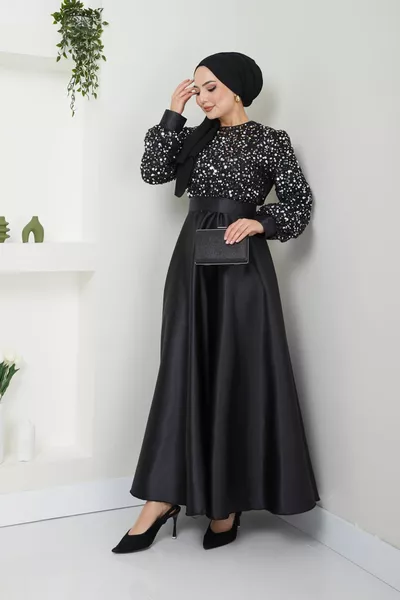 Sequin Detailed Satin Evening Dress  Black Silver