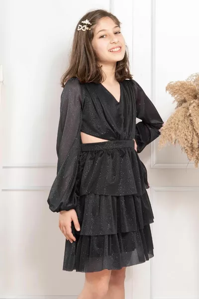 Robes de soirée pour enfants en tulle à paillettes à volants noir 