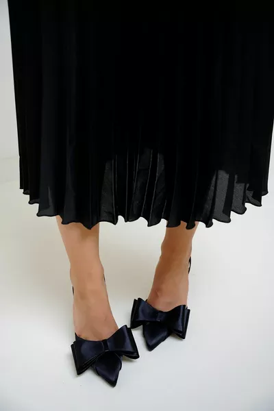 Ribbon Black Satin Bow Detailed Women's Heels