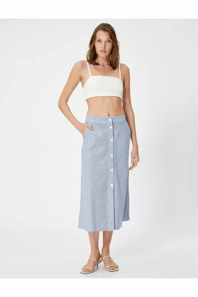 Midi Skirt Front Buttoned Slit Linen Blend