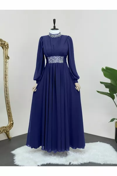 Chiffon evening dress with stone detail on the collar and waist