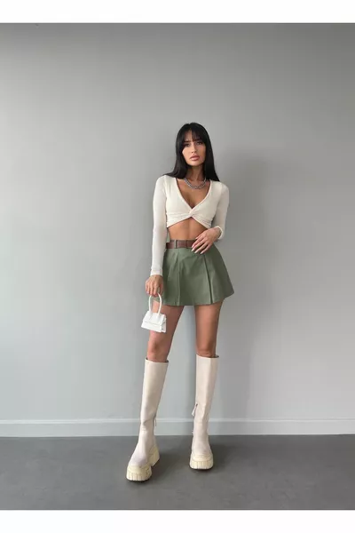 المرأة الكاكي مطوي حزام تنورة قصيرة