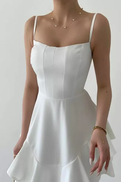 Atlas Stoff Dünner Träger Rock Faltendetail Weißes Abendkleid Weißes Abschlusskleid 