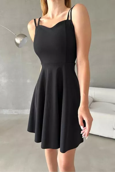 Femmes Noir Double Sangle Coeur Collier Scuba Crêpe Mini Robe de Soirée Robe de Graduation