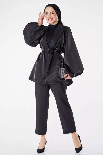 Veste + pantalon en satin noir à double boutonnage pour femmes - 