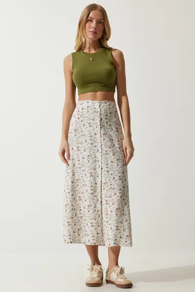 المرأة Ecru منقوشة شق تنورة فيسكوز 