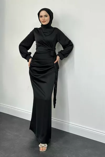 Orlenda Drape Detail Vis Satijnen Avondjurk Zwart