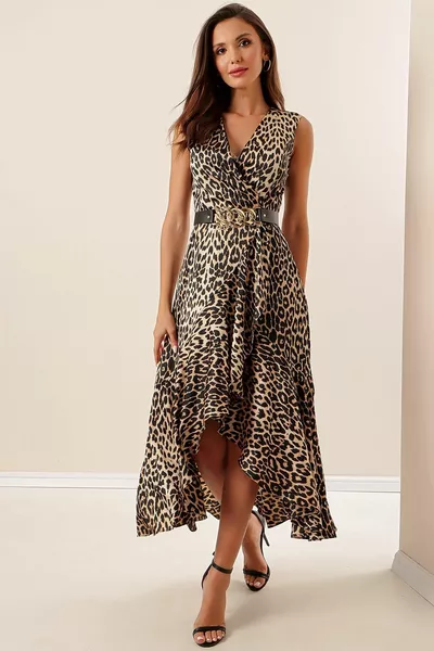 Двубортный воротник спереди Короткий воланы на подкладке Пояс Леопардовый атлас Платье черного цвета