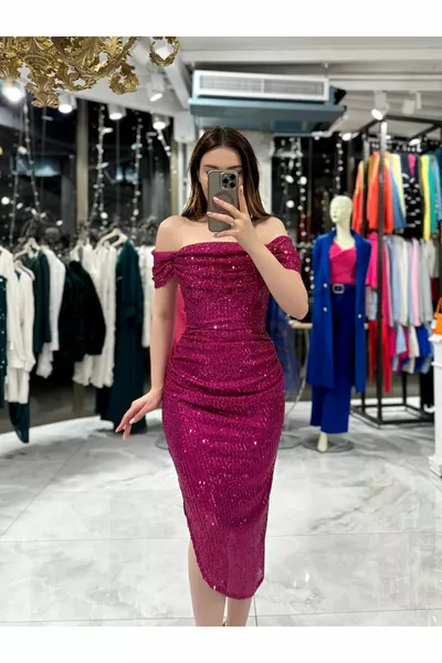 Liana Degaje Yaka Midi Elbise Fuşya