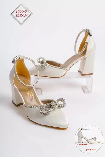 Gelin - Nikah Ve Özel Günler Için Fiyonklu Taşlı Topuklu Sedef Saten Ayakkabı