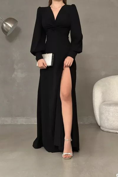 أسود كريب النسيج الجبهة عقدة التفاصيل ماكسي الحجم كم طويل فستان شق مزدوج