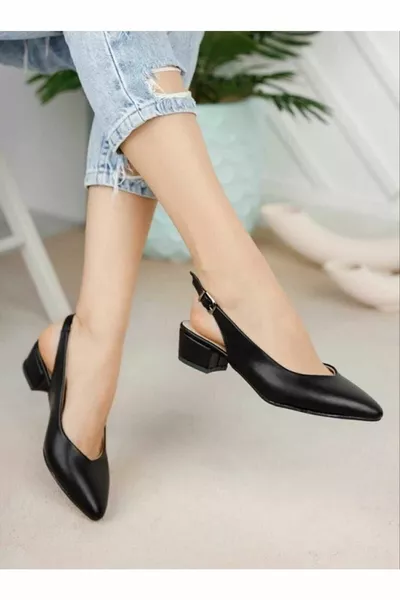 Damenschuhe Schwarze Haut Kurze Absätze Offener Rücken Abendschuhe Casual Klassische Schuhe 3cm