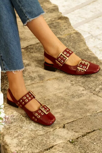 Women's Burgundy Genuine Patent Leather Open Back Stapled Ballet Flats Buckle Detailed Shoes K.