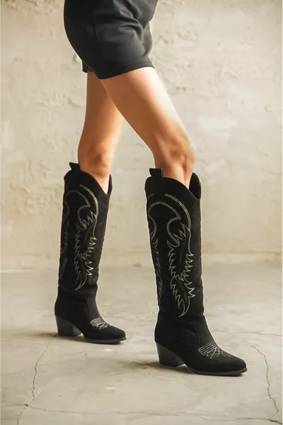 Дамски каубойски ботуши Rendon - черен велур