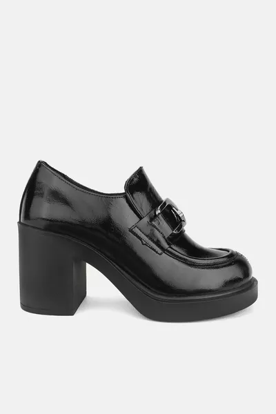 جلد أسود لامع نسائي جلد طبيعي مقاس  أحذية الكعب العالي المشبك المتسكع