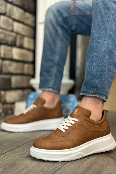 الرجال تان الأبيض أحذية رياضية عارضة عالية سميكة الأبيض وحيد الدانتيل متابعة حذاء رياضي