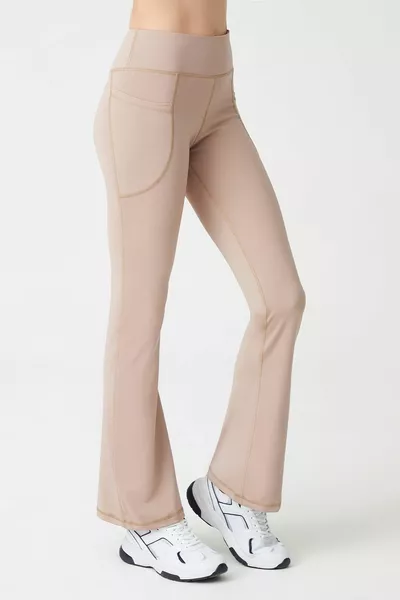 Dames Beige Hoge Taille Wrapper Dubbele Zak Spaanse Been Leggings Bootcut