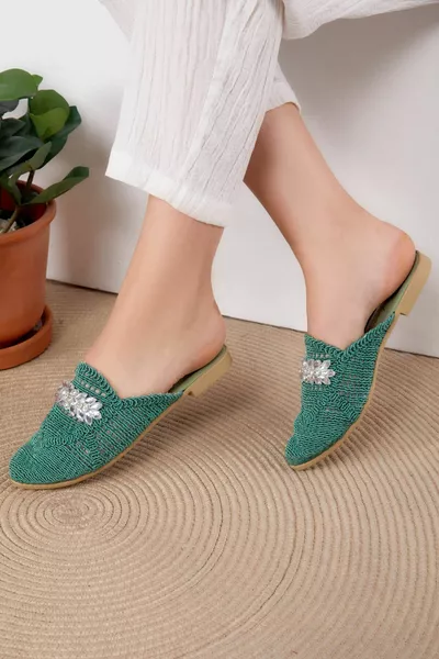 Damen Grüne Stein Stroh Hausschuhe - 