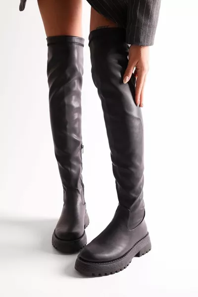 المرأة مارجوت أسود سميك وحيد طويل تمتد أحذية مطاطية الجلد الأسود