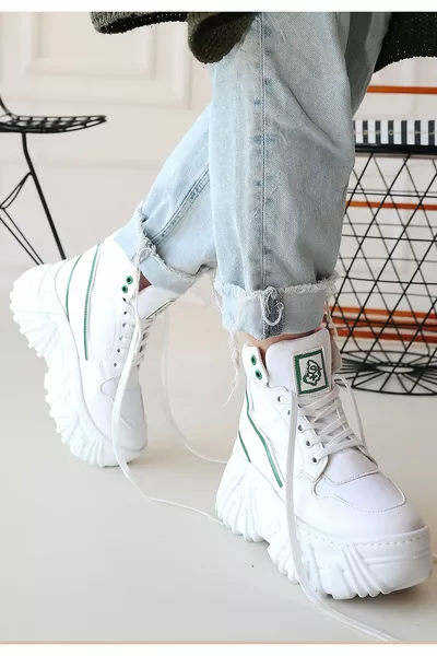 Maje الأبيض الجلد الأخضر مخطط الدانتيل متابعة الأحذية الوحيدة مبطنة