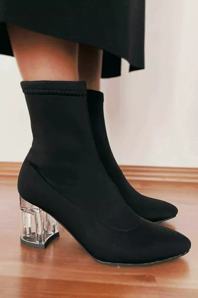 المرأة الجوارب السوداء الأحذية أحذية قصيرة غواص مط كعب شفاف أحذية مفصلة