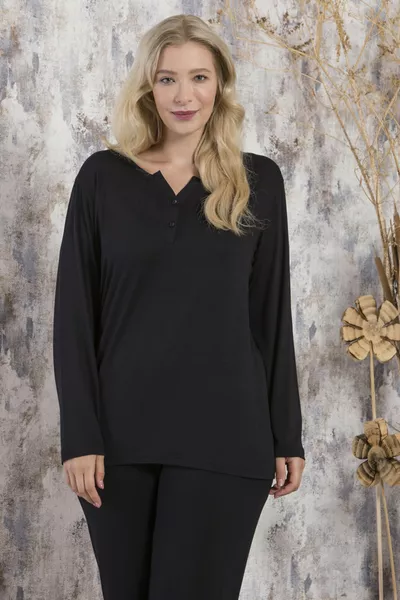 طقم بيجامة فيسكون بياقة V، بأكمام طويلة ومقاس كبير، معليلي