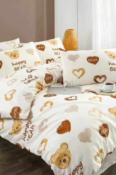 طقم غطاء سرير مفرد مطاطي مع ملاءة وغطاء لحاف بقلوب ودببة Ranforce