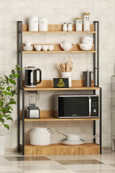 Кухненски стелаж с основа с 5 рафта за кафе кът, кухненски рафт, кухненски шкаф от бор