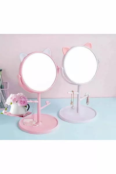 Miroir de maquillage de bureau avec oreilles de chat et porte-accessoires