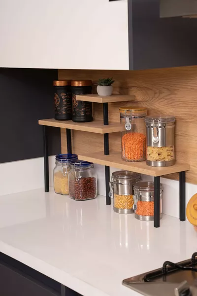 رف زاوية مطبخ معدني خشبي منظم فوق الطاولة رف حمام ومطبخ لتوابل