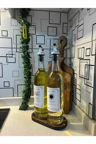 Set de 2 bouteilles à huile et vinaigre avec support en bois, bouteille de  ml pour huile d'olive ou huile alimentaire, bouteille transparente pour huile