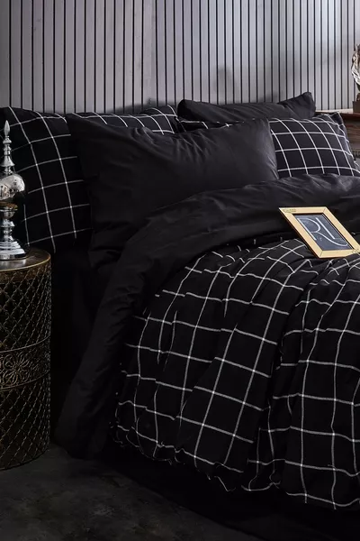Zwart Geruit Tweepersoonsdekbedovertrek Set (Zonder Lakens)