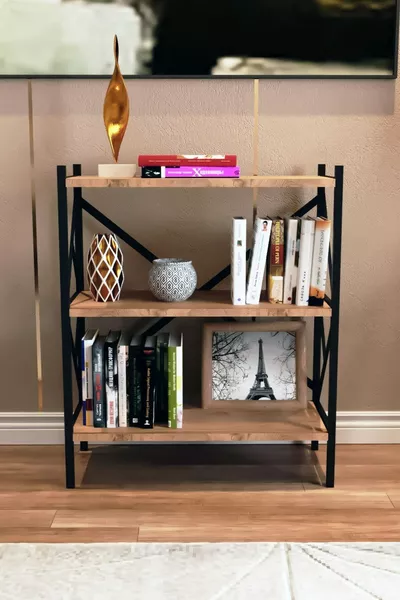 Rosec Metalen Boekenkast 3 Planken Decoratieve Boekenkast Bestand Boekplank Kantoor Huis Plank Boekplank Notenhout