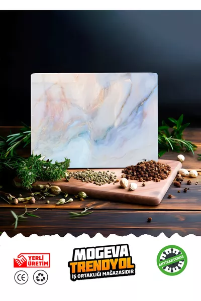 Supreme Mermer Görünümlü Cam Kesme Tahtası - Cam Kesme Tablası Oval Kenarlı cm X cm