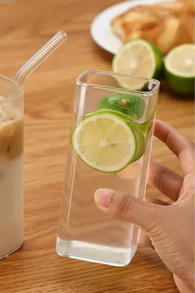2 Square Coffee Glasses with Straw | Beverage Glass | Cold Coffee Glass | Rectangular Glass ml