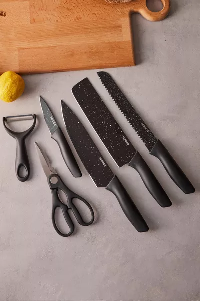 Black Stone 6-Piece Knife Set with Cleaver, Scissors, and Peeler